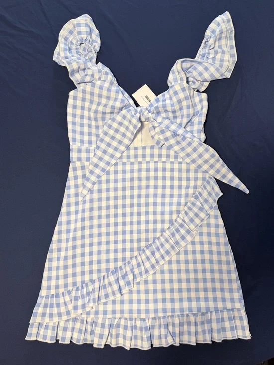 MABLE Light Blue and White Plaid Gingham Tie-Front Sundress - Picture 4 of 7